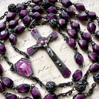 紫のエナメルとガラスビーズのシルバーロザリオ